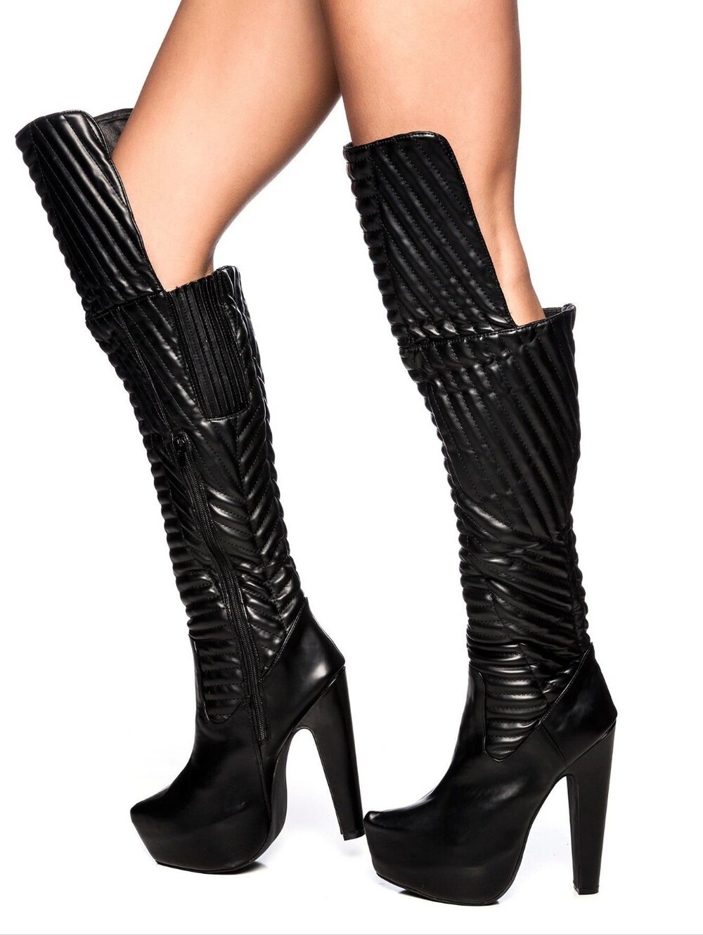 Jeffrey Campbell The Kick Ass Boot black over the knee quilted platform Women 8
